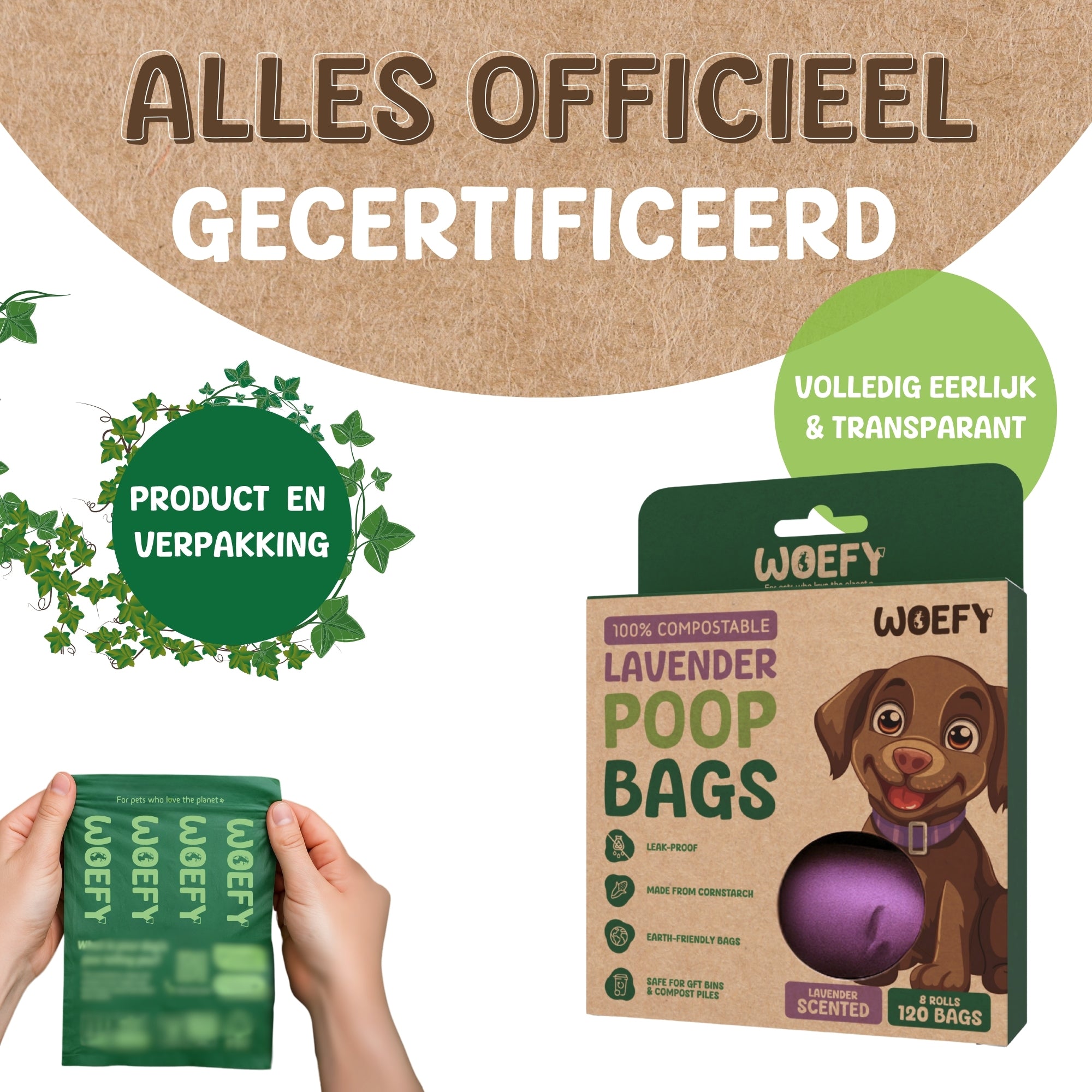 Woefy Biologische poepzakjes 120 stuks Lavendel